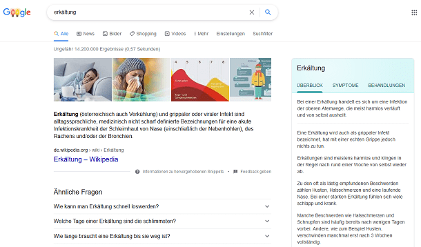 Screenshot Google zum Thema Erkältung