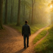 Mann steht an Weggabelung im Wald, Sonnenlicht fällt auf den naturbelassenen Pfad – Symbol für Entscheidung und Selbstverantwortung auf dem Weg zur Gesundheit