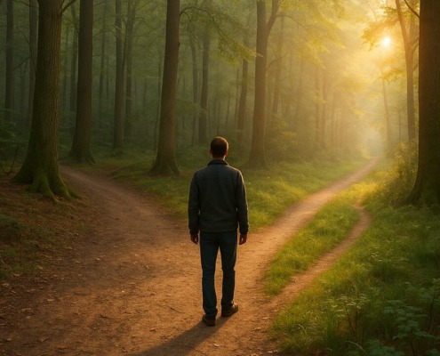 Mann steht an Weggabelung im Wald, Sonnenlicht fällt auf den naturbelassenen Pfad – Symbol für Entscheidung und Selbstverantwortung auf dem Weg zur Gesundheit
