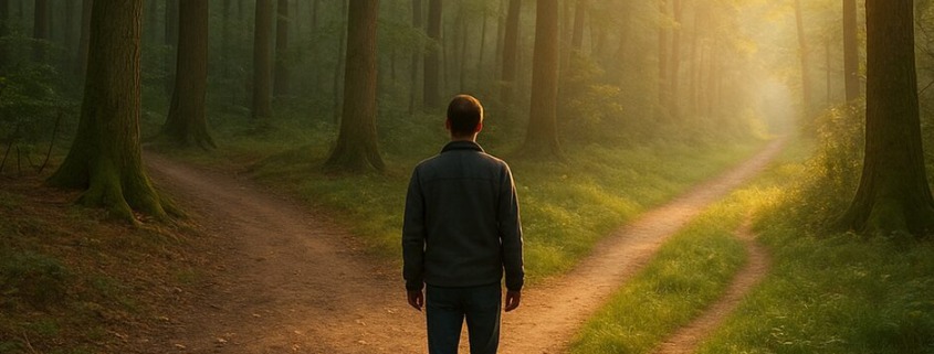 Mann steht an Weggabelung im Wald, Sonnenlicht fällt auf den naturbelassenen Pfad – Symbol für Entscheidung und Selbstverantwortung auf dem Weg zur Gesundheit