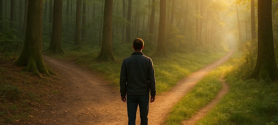 Mann steht an Weggabelung im Wald, Sonnenlicht fällt auf den naturbelassenen Pfad – Symbol für Entscheidung und Selbstverantwortung auf dem Weg zur Gesundheit