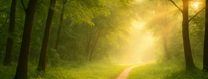 Sonnendurchfluteter Waldweg als Symbol für den Weg zur Gesundheit, umgeben von grünem Laub und weichem Licht.