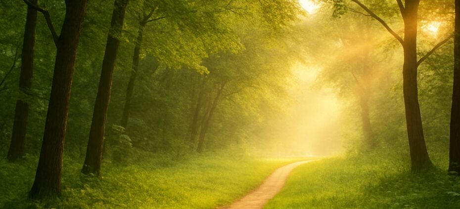 Sonnendurchfluteter Waldweg als Symbol für den Weg zur Gesundheit, umgeben von grünem Laub und weichem Licht.