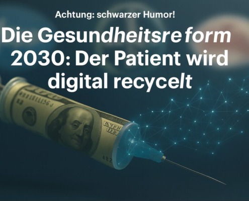 Spritze aus Dollarnote vor unscharfen Pharmalogo-Farben mit Text: Die Gesundheitsreform 2030 – Der Patient wird digital recycelt