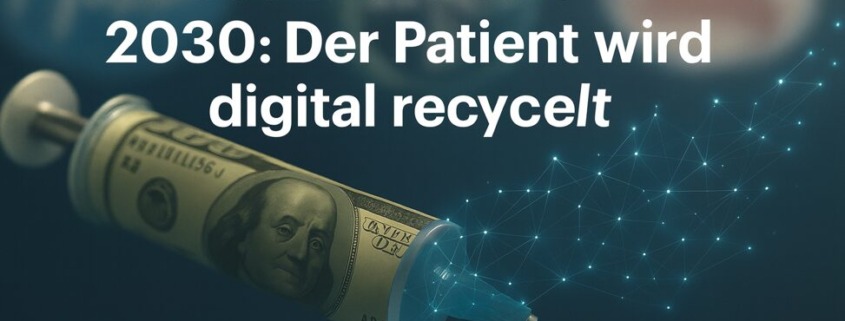 Spritze aus Dollarnote vor unscharfen Pharmalogo-Farben mit Text: Die Gesundheitsreform 2030 – Der Patient wird digital recycelt