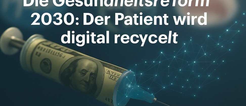 Spritze aus Dollarnote vor unscharfen Pharmalogo-Farben mit Text: Die Gesundheitsreform 2030 – Der Patient wird digital recycelt