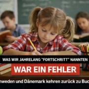 Schulkind schreibt mit Stift und Papier im Klassenzimmer – Schweden und Dänemark kehren zu analogem Unterricht zurück