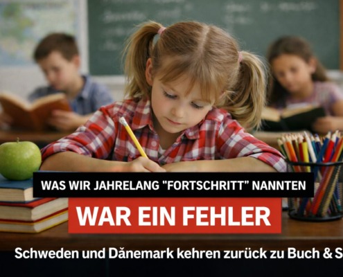 Schulkind schreibt mit Stift und Papier im Klassenzimmer – Schweden und Dänemark kehren zu analogem Unterricht zurück