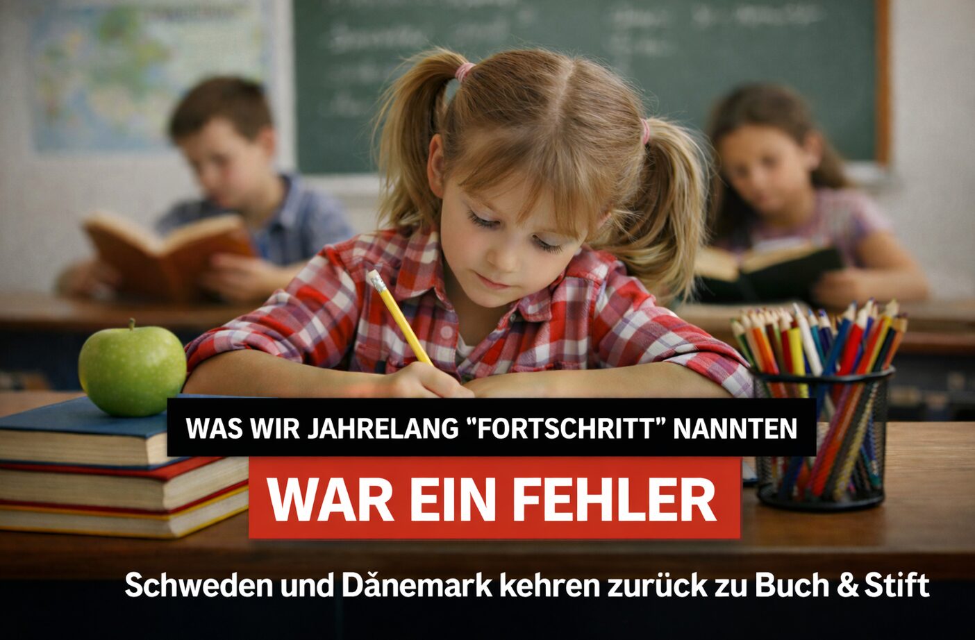 Schulkind schreibt mit Stift und Papier im Klassenzimmer – Schweden und Dänemark kehren zu analogem Unterricht zurück