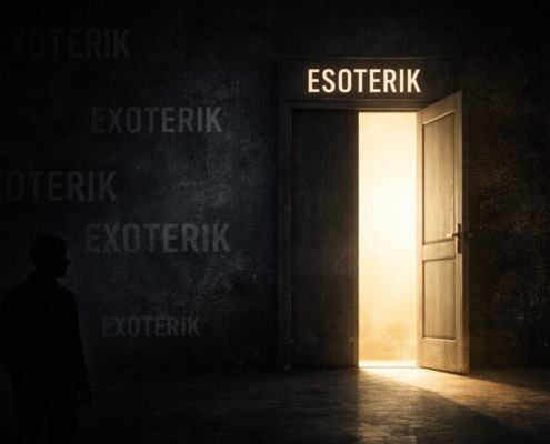 Geöffnete Tür zwischen Licht und Schatten, dunkler Raum mit mehrfacher Aufschrift Exoterik, Tür beschriftet mit Esoterik