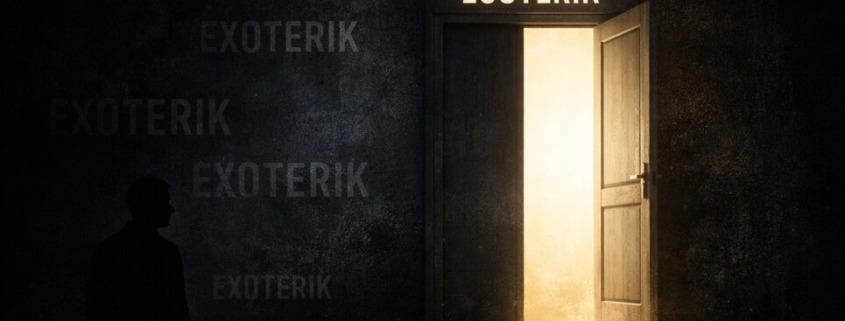 Geöffnete Tür zwischen Licht und Schatten, dunkler Raum mit mehrfacher Aufschrift Exoterik, Tür beschriftet mit Esoterik