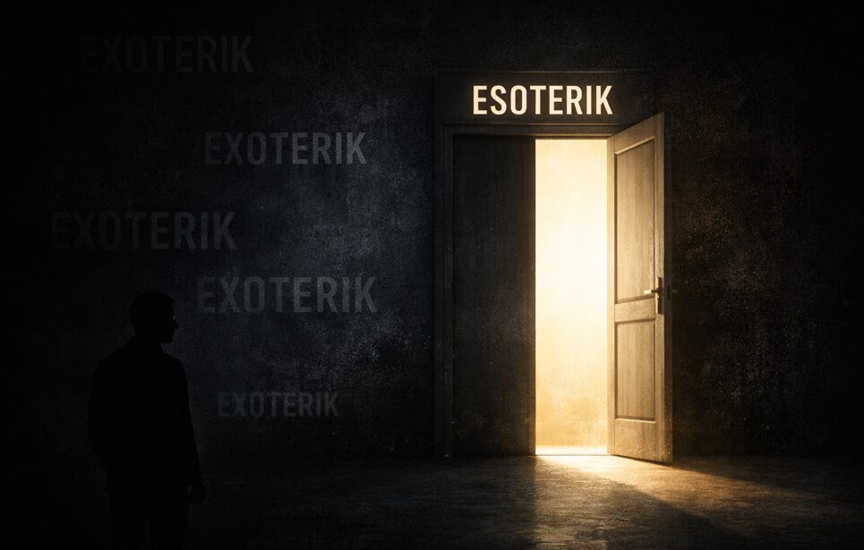 Geöffnete Tür zwischen Licht und Schatten, dunkler Raum mit mehrfacher Aufschrift Exoterik, Tür beschriftet mit Esoterik