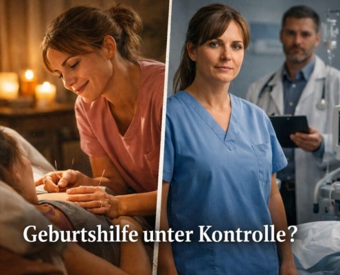 Hebamme im geteilten Kreißsaal zwischen persönlicher Betreuung mit Akupunktur und klinischer Geburtshilfe mit Arzt und Monitoren