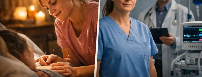 Hebamme im geteilten Kreißsaal zwischen persönlicher Betreuung mit Akupunktur und klinischer Geburtshilfe mit Arzt und Monitoren